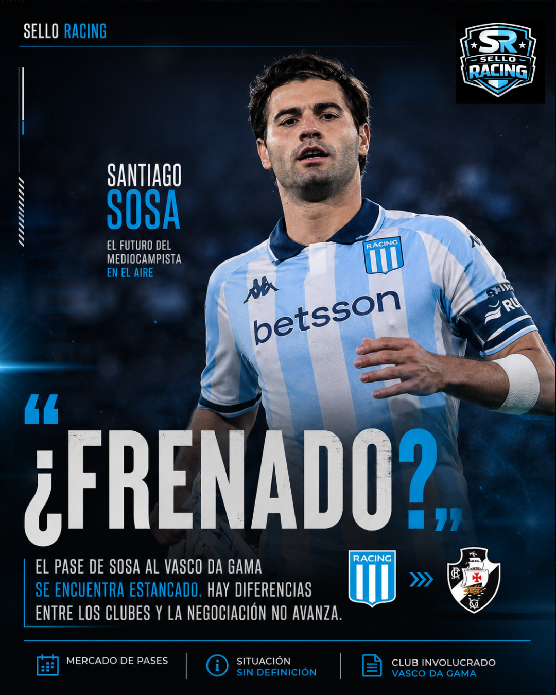 Pase frenado: Santiago Sosa volvió a entrenarse en Racing por trabas en los avales de Vasco da Gama