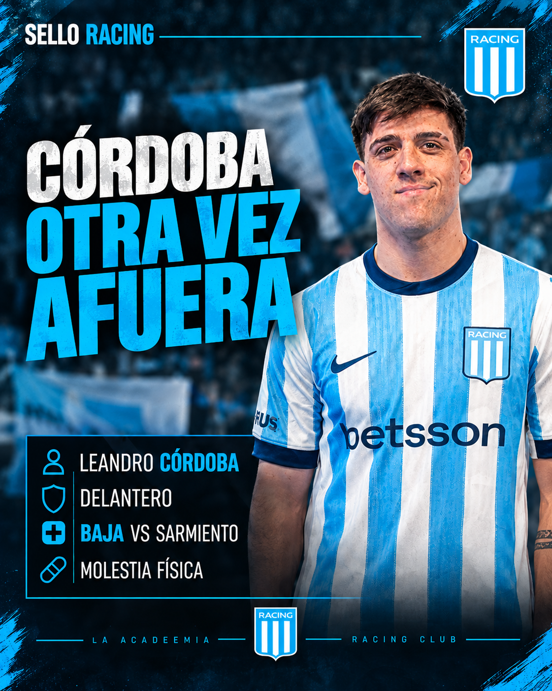 Mala pata en Racing: Leandro Córdoba se volvió a lesionar y es baja ante Sarmiento